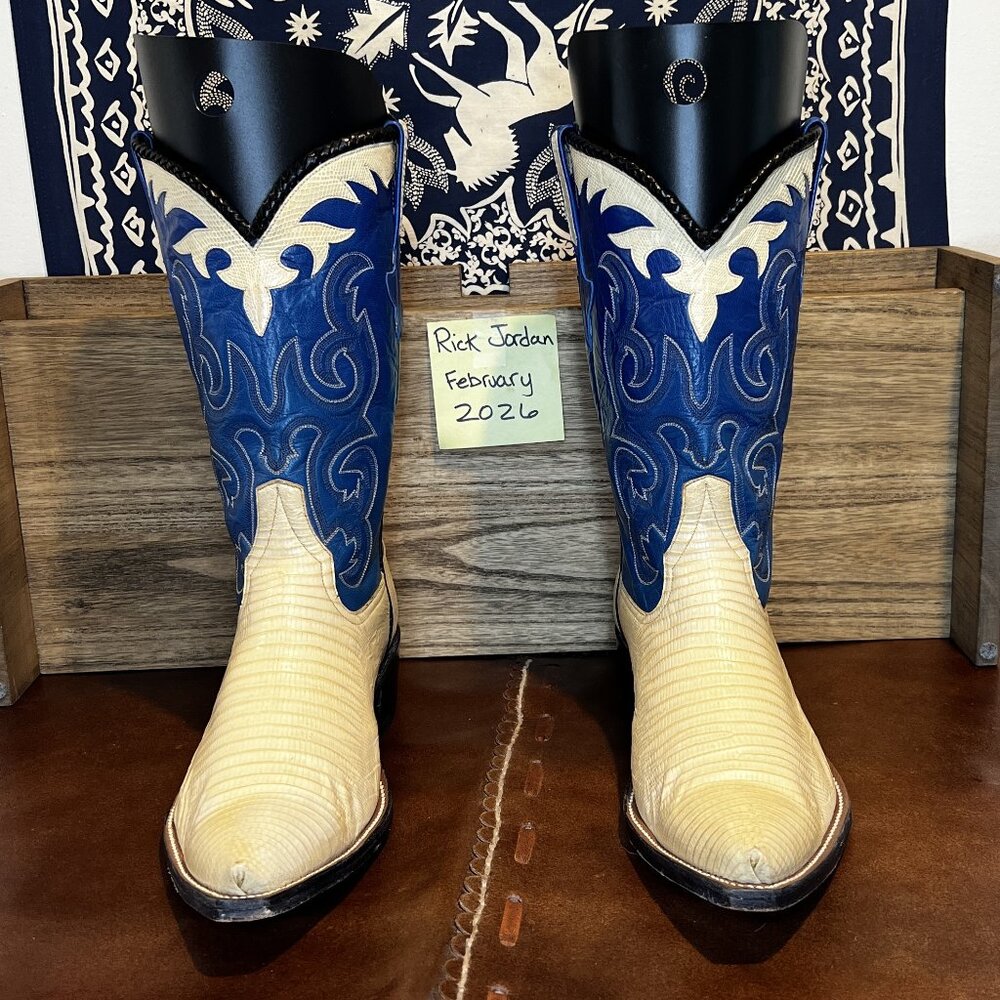 [SOLD] Rios of Mercedes Cream Lizard w/Blue Kidskin Shaft Cowboy Boots size 11D